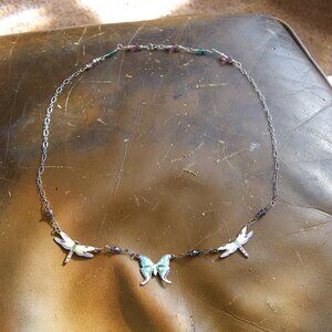 Women's Sterling Silver Fun Necklace w/ Butterfly & Dragonfly Charms